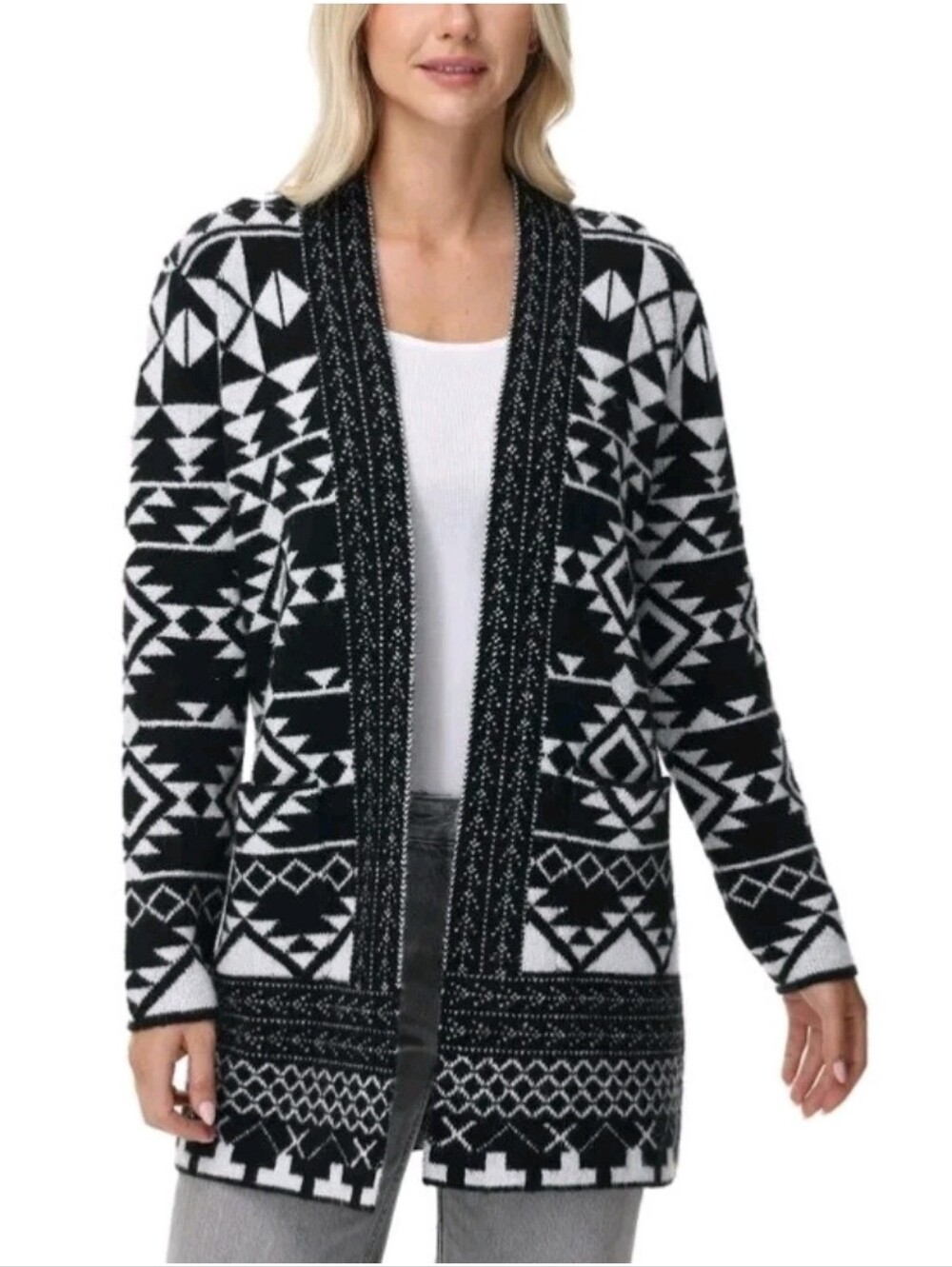 Frye Women's XS Black & White Geometric Open Front Cardigan Sweater New